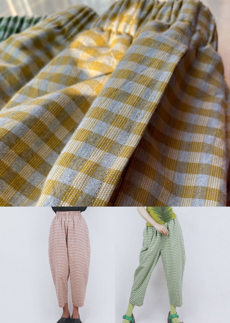 Yellow Plaid Print Cotton Harem Pants Elastic Waist Pockets Summer