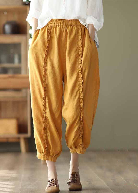 Yellow Pockets Elastic Waist Linen Crop Pants Ruffled Summer