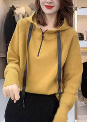 Yellow Pockets Knit Pullover Sweatshirt Zip Up Drawstring Long Sleeve