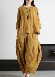 Yellow Pockets Linen Tops And Harm Pants Two Piece Outfit Three Quarter sleeve