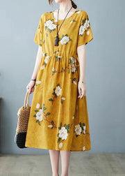 Yellow Pockets Patchwork Cotton Dress O Neck Drawstring Summer