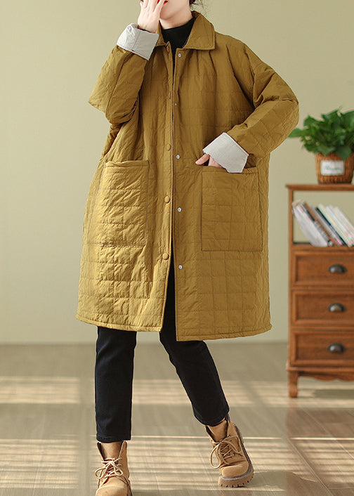 Yellow Pockets Patchwork Fine Cotton Filled Coats Peter Pan Collar Winter