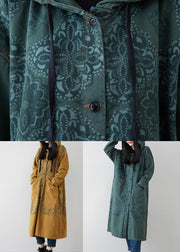 Yellow Pockets Patchwork Print Denim Hooded Long Coat Spring