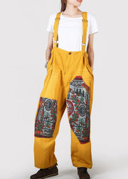 Yellow Pockets Patchwork Print Denim Jumpsuit Pants Summer