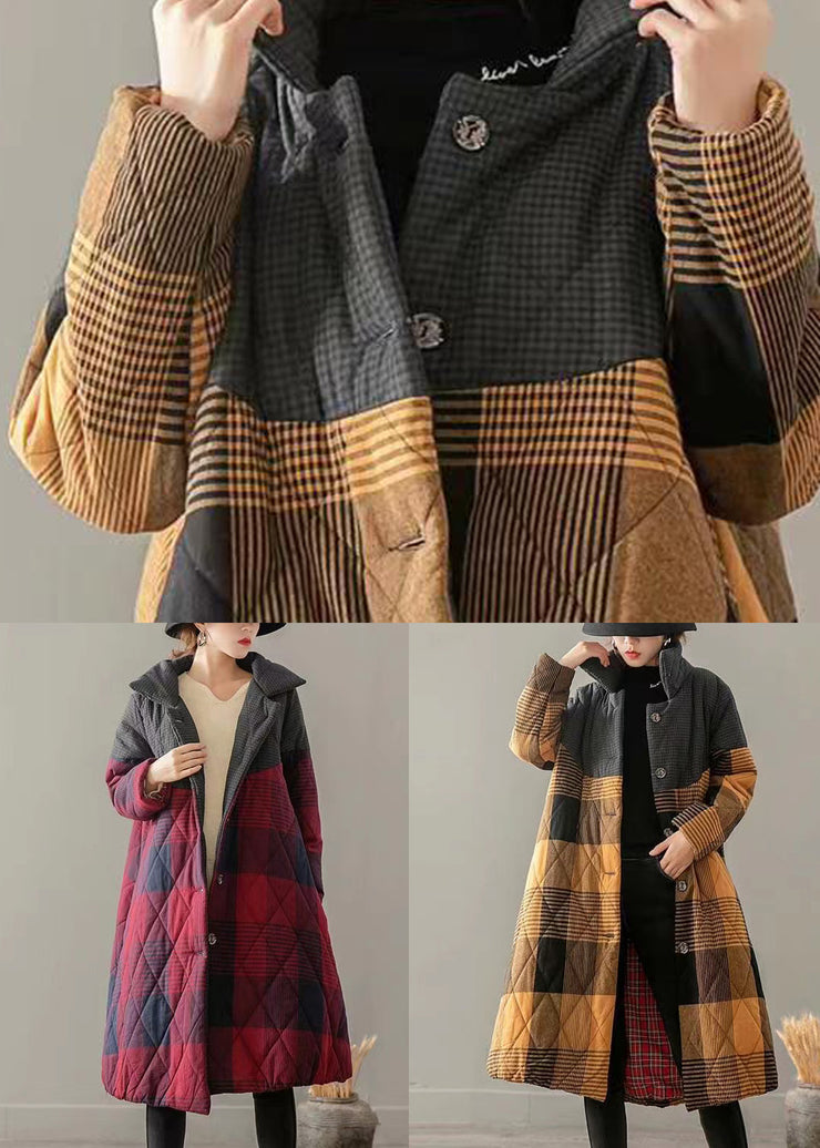 Yellow Pockets Plaid Patchwork Fine Cotton Filled Coats Button Winter