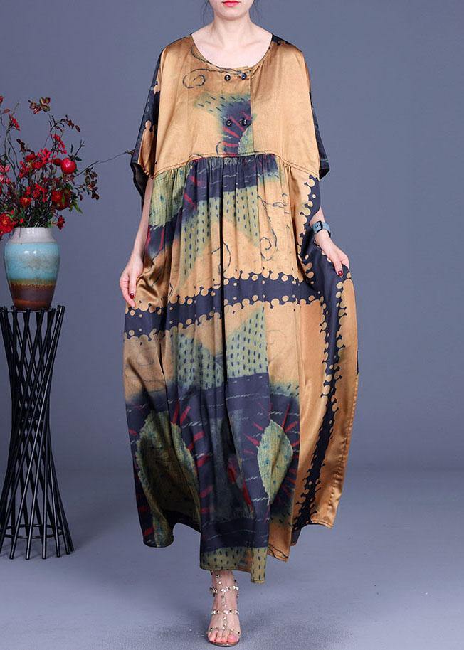 Yellow Print Cinched Summer Silk Party Dresses - SooLinen