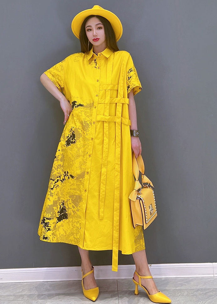 Yellow Print Cotton Loose Shirt Dress Asymmetrical Design Short Sleeve