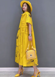 Yellow Print Cotton Loose Shirt Dress Asymmetrical Design Short Sleeve