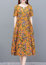 Yellow Print Cotton Party Dress Wrinkled Pockets Short Sleeve
