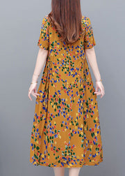 Yellow Print Cotton Party Dress Wrinkled Pockets Short Sleeve