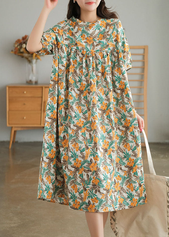Yellow Print Cotton Vacation Dresses Wrinkled Short Sleeve
