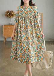 Yellow Print Cotton Vacation Dresses Wrinkled Short Sleeve