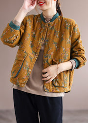 Yellow Print Fine Cotton Filled Coat Stand Collar Long Sleeve