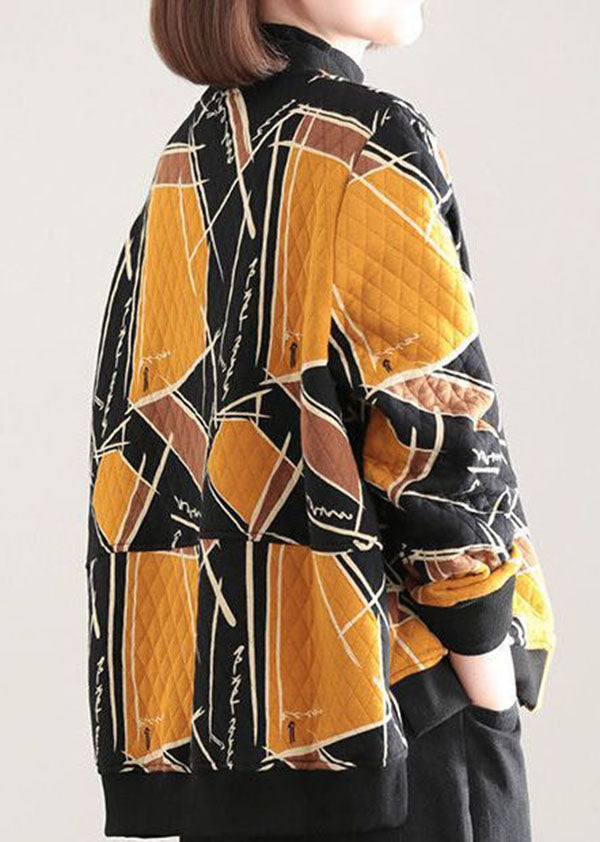 Yellow Print Fine Cotton Filled Womens Parka Stand Collar Zip Up Winter