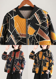Yellow Print Fine Cotton Filled Womens Parka Stand Collar Zip Up Winter