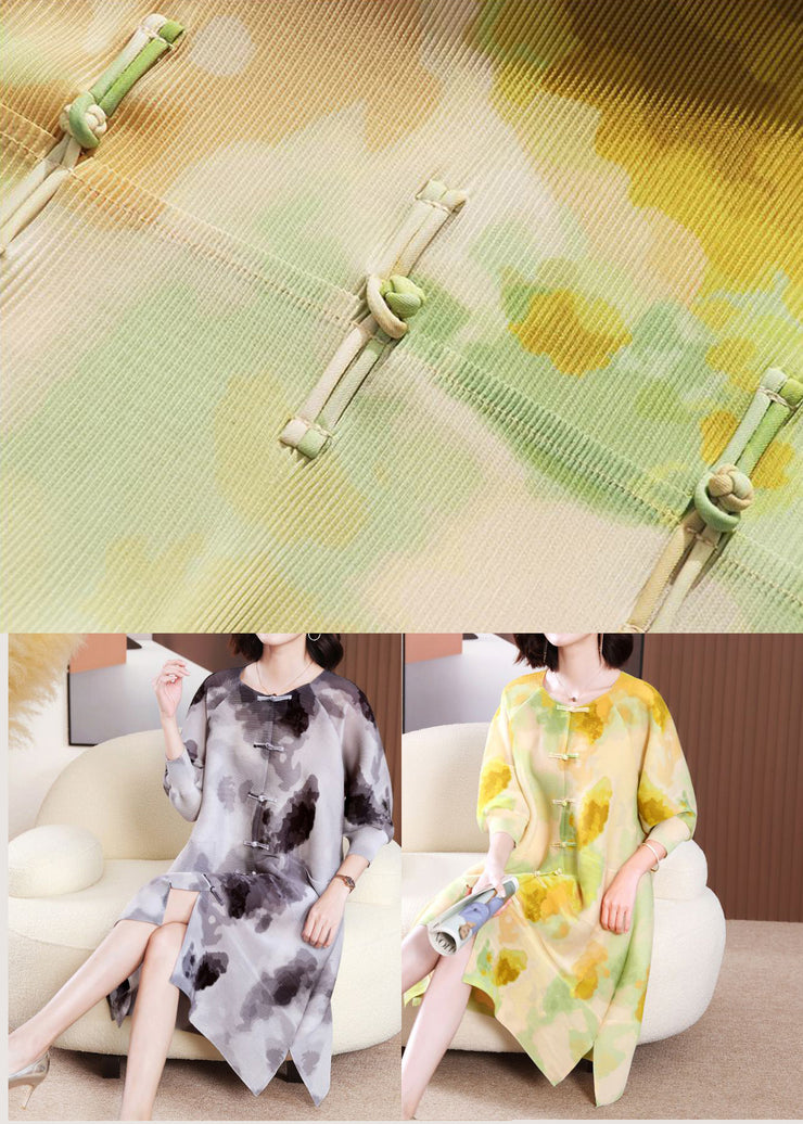 Yellow Print Long Dresses Chinese Button Side Open Summer