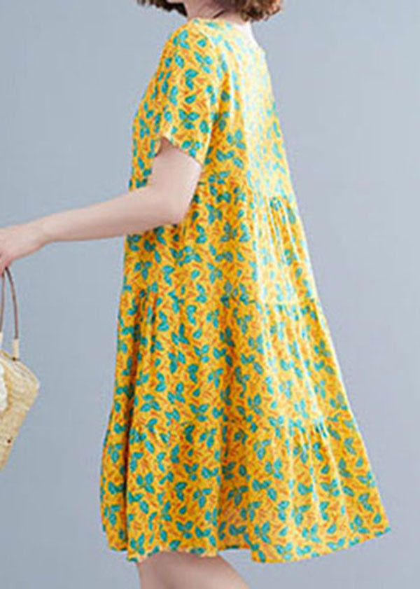 Lange Kleider aus gelber Patchwork-Baumwolle mit O-Ausschnitt und faltigen kurzen Ärmeln