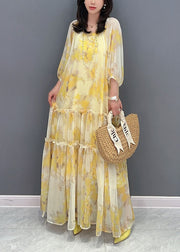Yellow Print Patchwork Cotton Long Dresses Wrinkled Summer