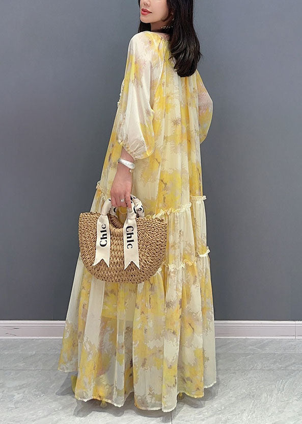Yellow Print Patchwork Cotton Long Dresses Wrinkled Summer