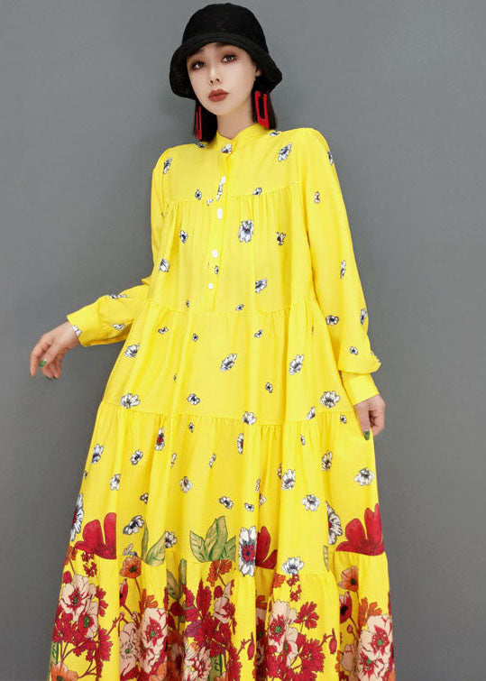 Yellow Print Patchwork Cotton Long Shirt Dresses Wrinkled Long Sleeve