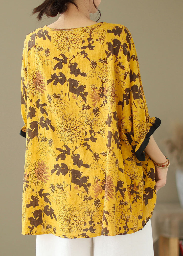 Yellow Print Patchwork Cotton Loose Tops O Neck Summer