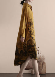 Yellow Print Patchwork Linen Shirts Dresses Peter Pan Collar Spring