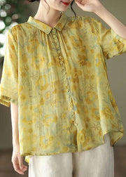Yellow Print Patchwork Linen Top Peter Pan Collar Button Summer