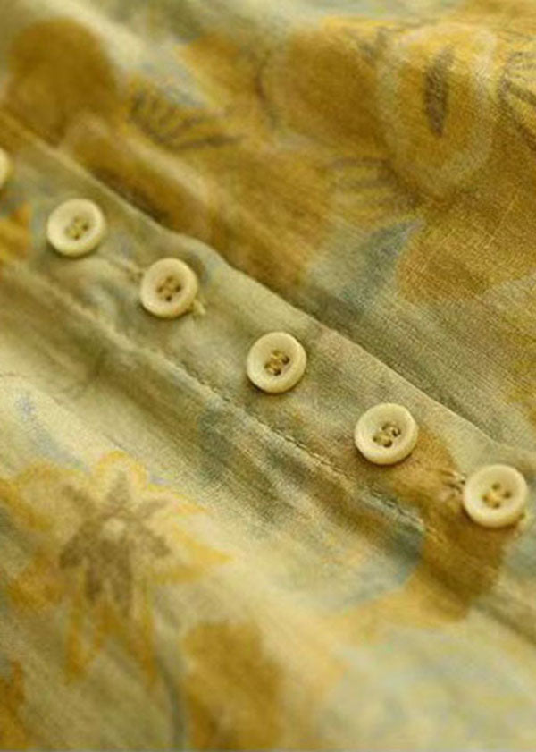 Yellow Print Patchwork Linen Top Peter Pan Collar Button Summer