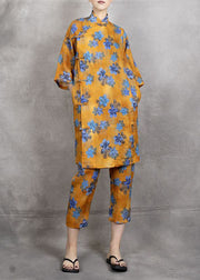 Yellow Print Patchwork Linen Two Pieces Set Chinese Button Summer