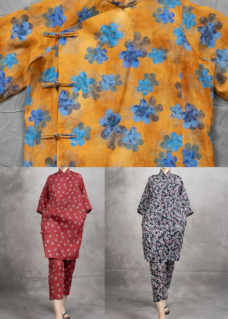 Yellow Print Patchwork Linen Two Pieces Set Chinese Button Summer