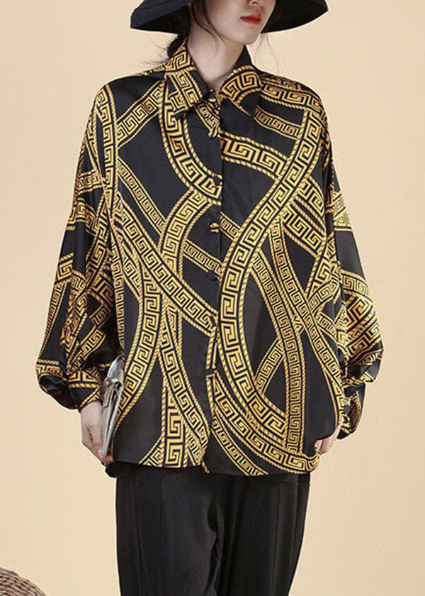 Yellow Print Patchwork Silk Shirts Tops Peter Pan Collar Spring