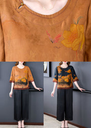 Yellow Print Patchwork Tops And Pants Silk 2 Piece Outfit Summer