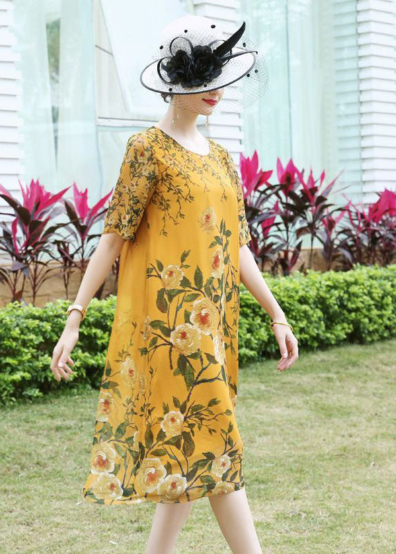 Yellow Print Silk Beach Dress O-Neck Oversized Summer