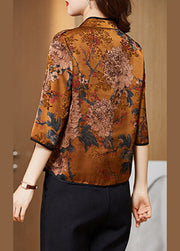 Yellow Print Silk Chinese Style Shirt Tops Stand Collar Button Half Sleeve