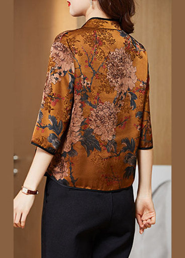 Yellow Print Silk Chinese Style Shirt Tops Stand Collar Button Half Sleeve