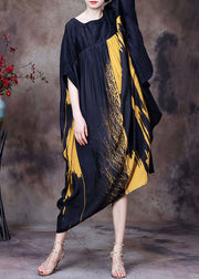 Yellow Print Chiffon Loose Beach Dresses O-Neck Wrinkled Batwing Sleeve