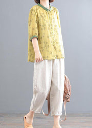 Yellow Print Tops And Beige Pants Linen Women Sets Summer