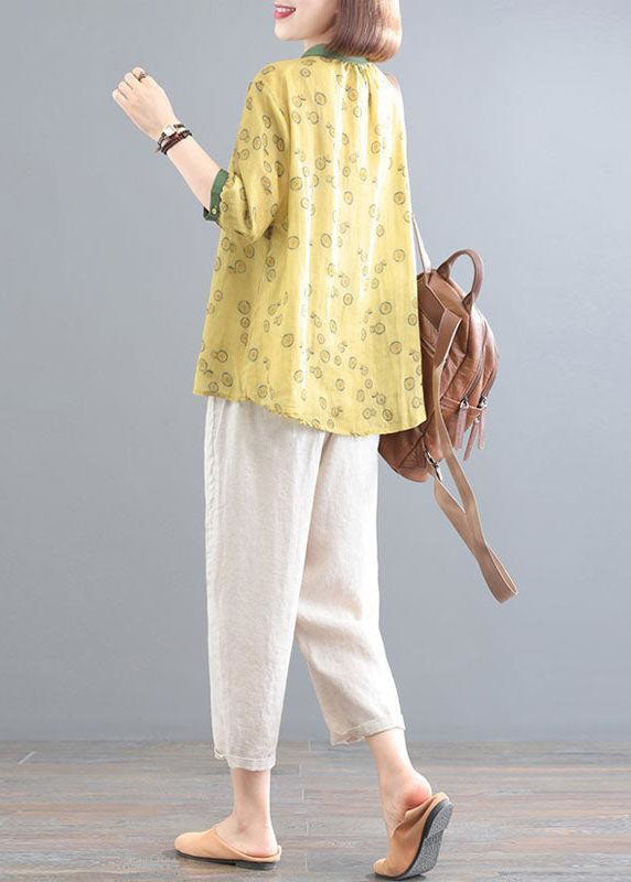 Yellow Print Tops And Beige Pants Linen Women Sets Summer