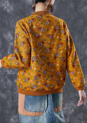Yellow Print Warm Fleece Jacket Oversized Pockets Winter