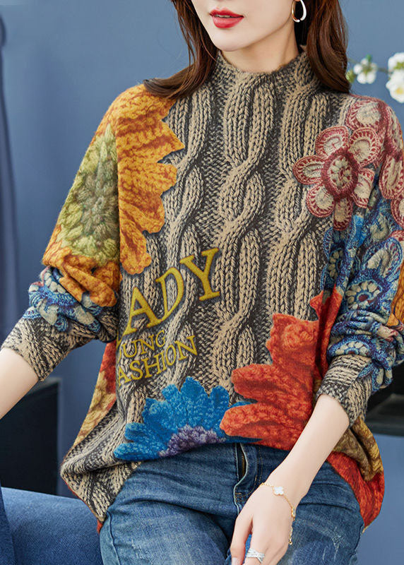 Yellow Print Wool Knit Sweater Tops Chunky Oversized Winter
