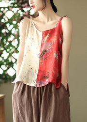 Yellow Red Patchwork Print Linen Spaghetti Strap Tops Colorblock Summer