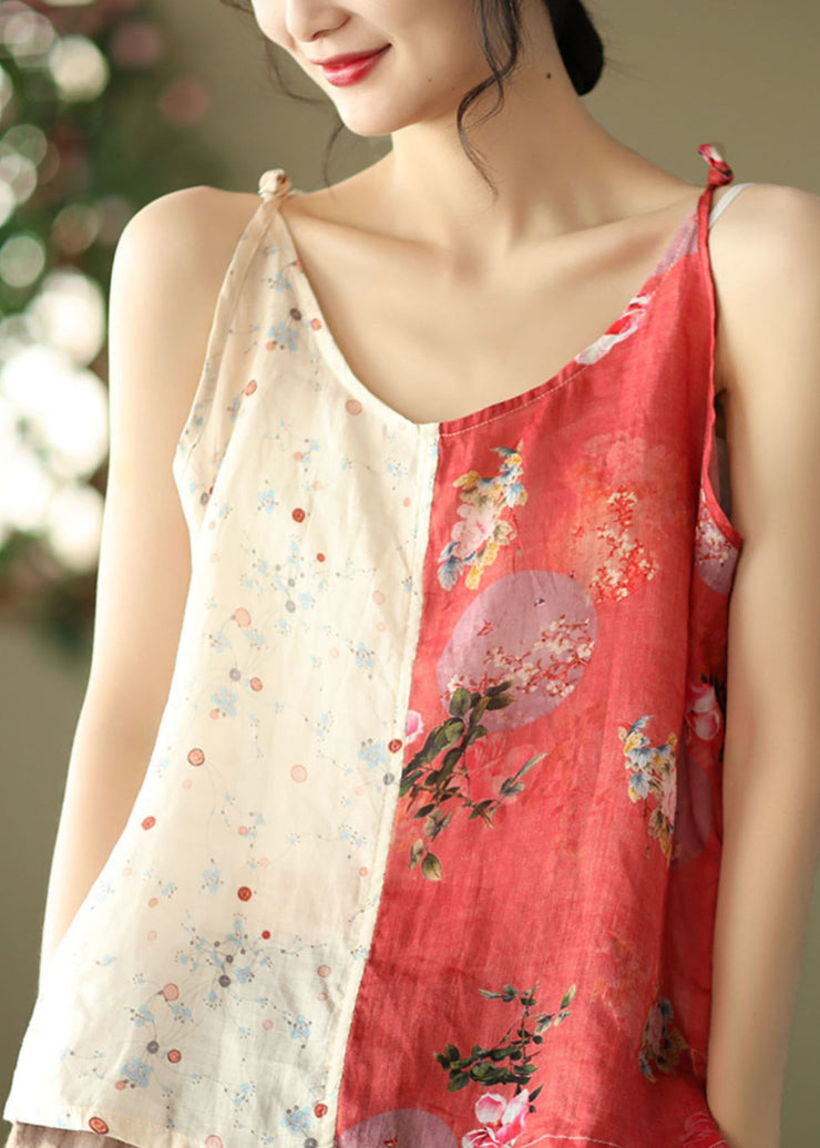 Yellow Red Patchwork Print Linen Spaghetti Strap Tops Colorblock Summer