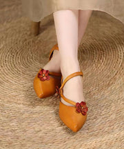 Yellow Sandals Kitten Cowhide Leather Simple Splicing Floral