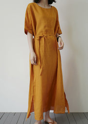 Yellow Side Open Solid Holiday Maxi Dress Short Sleeve