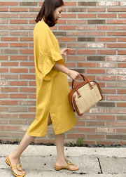 Yellow Side Open Vacation Dresses Half Sleeve