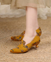 Yellow Silk High Heels Retro Print Pointed Toe Splicing