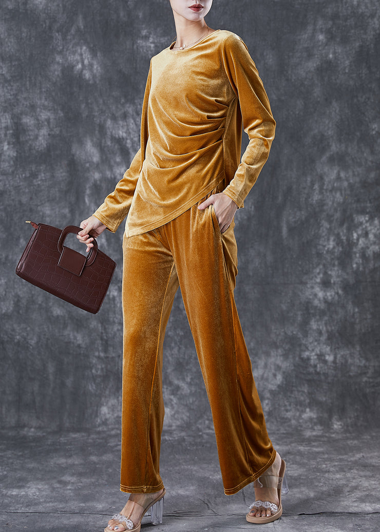 Yellow Silm Fit Silk Velour Two Pieces Set Asymmetrical Wrinkled Fall