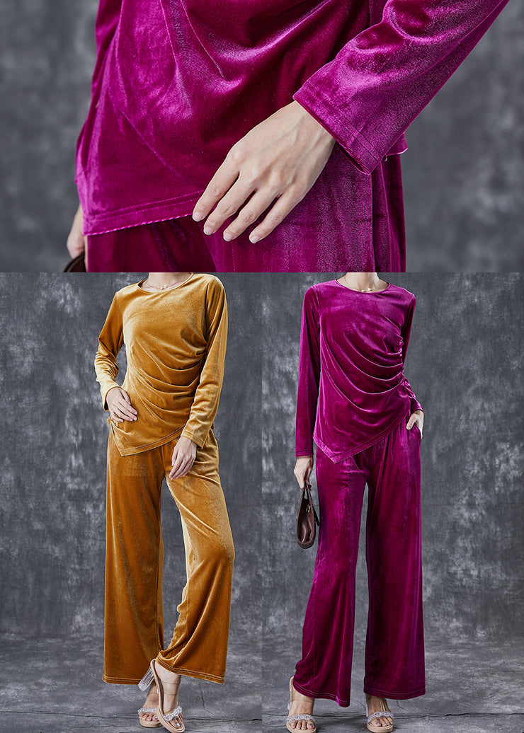 Yellow Silm Fit Silk Velour Two Pieces Set Asymmetrical Wrinkled Fall