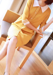Yellow Slim Fit Knit Mid Dress Turn-down Collar Half Sleeve