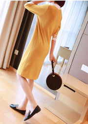 Yellow Slim Fit Knit Mid Dress Turn-down Collar Half Sleeve